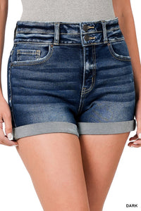 CUFFED DOUBLE BUTTON DENIM SHORTS