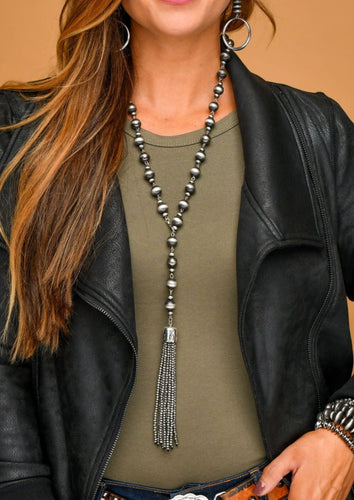 Multi Way Faux Navajo Pearl Necklace with Tassel