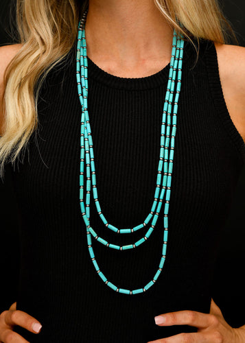 Three Strand Turquoise Tube Bead and Faux Navajo Pearl Necklace