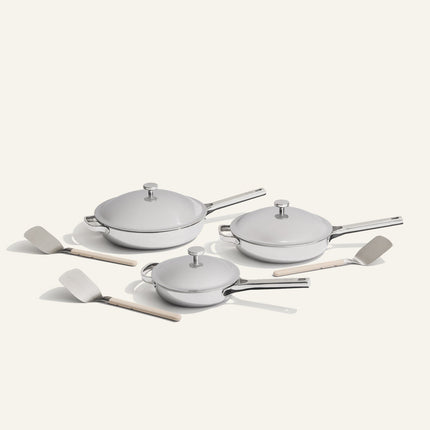 chrome titanium large always pan pro, always pan pro and mini always pan pro with stainless steel spatulas
