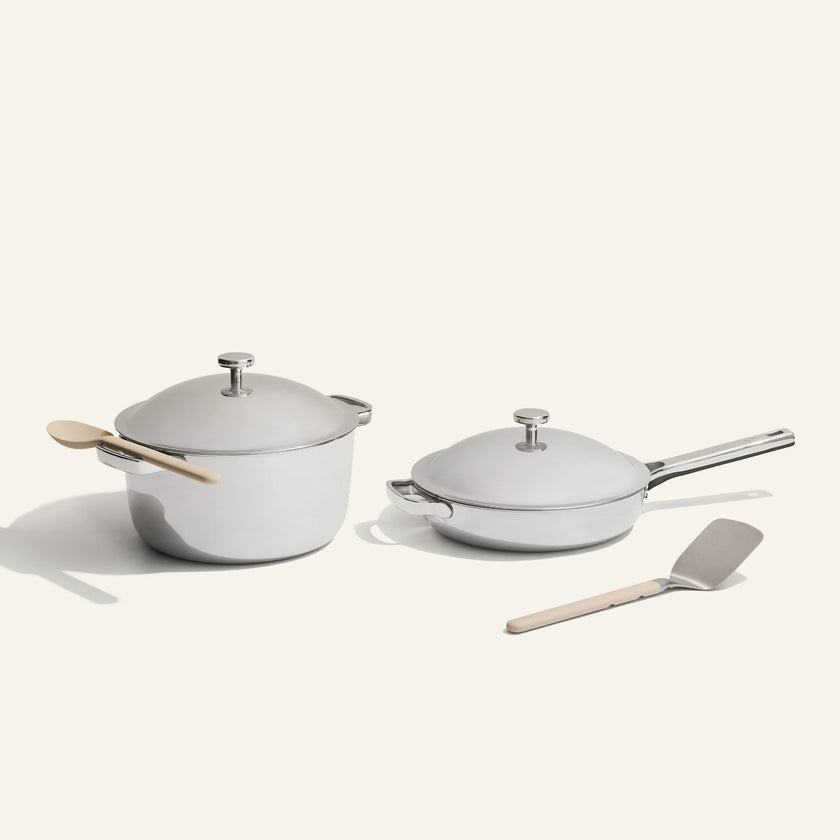 chrome titanium perfect pot pro and always pan pro with stainless steel spatula and silicone spoon