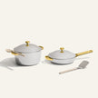 gold titanium perfect pot pro and always pan pro with stainless steel spatula and silicone spoon