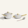 gold titanium perfect pot pro and always pan pro with stainless steel spatula and silicone spoon