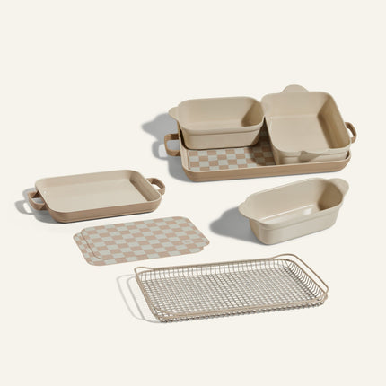 beige bakeware set, mini griddle pan and oven rack
