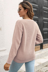 Ribbed Openwork Sleeve Round Neck Pullover Sweater