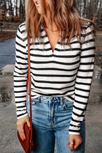 Load image into Gallery viewer, Striped Johnny Collar Long Sleeve Knit Top