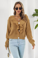 Load image into Gallery viewer, Ruffle Trim Button-Down Dropped Shoulder Sweater