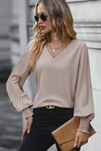 Load image into Gallery viewer, Pleated Lantern Sleeve V-Neck Blouse