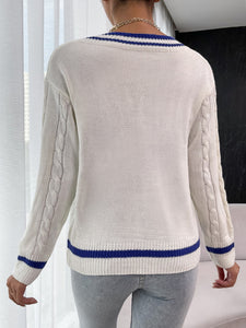 Contrast V-Neck Cable-Knit Sweater