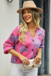 Printed V-Neck Button-Down Long Sleeve Cardigan