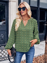 Load image into Gallery viewer, Swiss Dot Notched Neck Long Sleeve Blouse