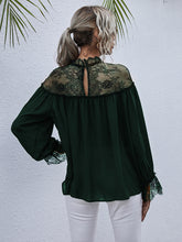 Load image into Gallery viewer, Semi-Sheer Lace Trim Mock Neck Blouse