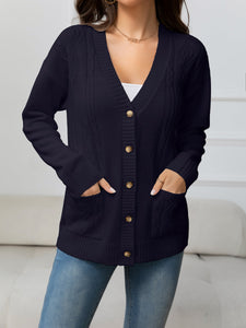 V-Neck Long Sleeve Buttoned Knit Top with Pocket