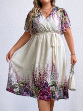 Load image into Gallery viewer, Plus Size Floral Tie Waist Surplice Neck Dress