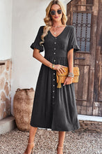 Load image into Gallery viewer, Gathered Detail Buttoned V-Neck Midi Dress