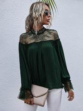Load image into Gallery viewer, Semi-Sheer Lace Trim Mock Neck Blouse