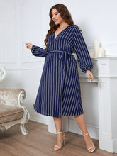 Load image into Gallery viewer, Plus Size Striped Surplice Neck Long Sleeve Dress