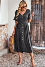 Load image into Gallery viewer, Gathered Detail Buttoned V-Neck Midi Dress