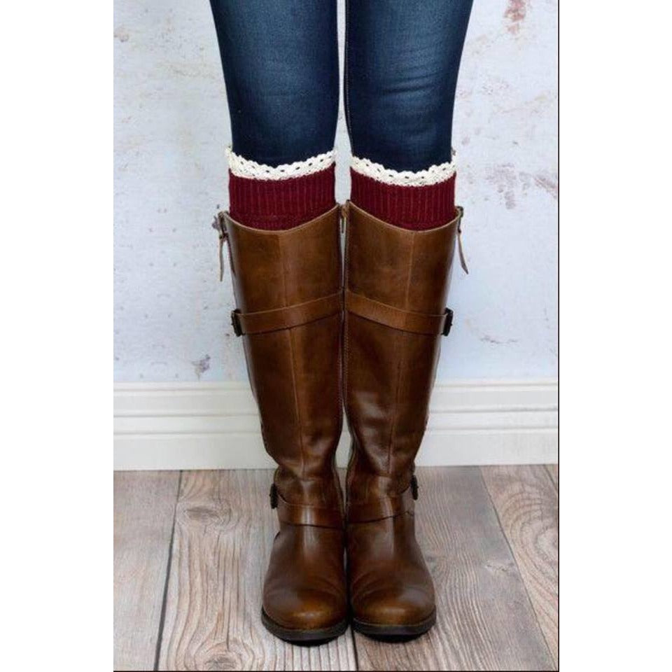 Burgundy Knitted Boot Cuffs with Lace Trim