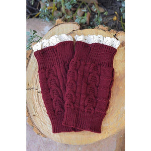 Burgundy Knitted Boot Cuffs with Lace Trim