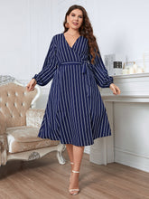 Load image into Gallery viewer, Plus Size Striped Surplice Neck Long Sleeve Dress