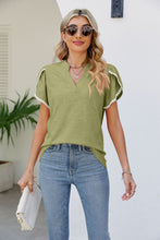 Load image into Gallery viewer, Pom-Pom Trim Petal Sleeve Notched Neck Top