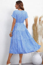 Load image into Gallery viewer, Floral Round Neck Tie Waist Tiered Midi Dress