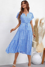 Load image into Gallery viewer, Floral Round Neck Tie Waist Tiered Midi Dress