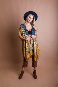 Vibrant Multicolor Frayed Kimono Mustard